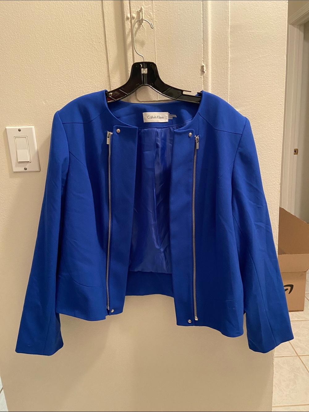 Calvin Klein Royal Blue Zip-Front Collarless Blazer